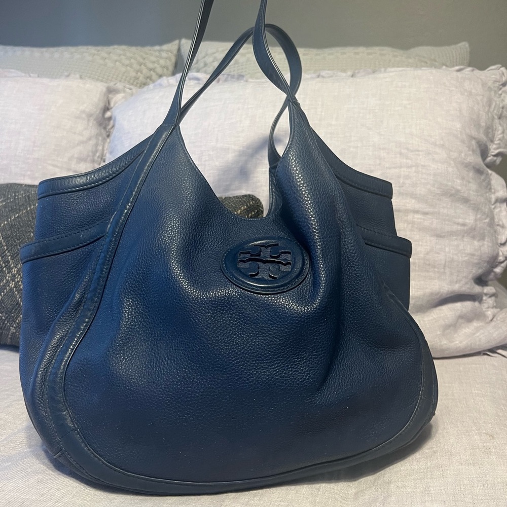 Navy Blue Pebbled Leather Tory Burch Tote